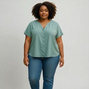 SHEIN Curve Womens Short Sleeve Teal Blouse Plus Size 2XL V-Neck Casual
